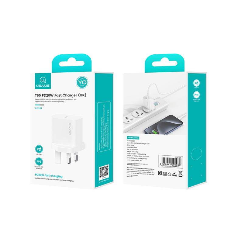 شاحن سريع USB-C / Type-C منفذ واحد USAMS CC227 T65 PD20W، قابس المملكة المتحدة، CC227