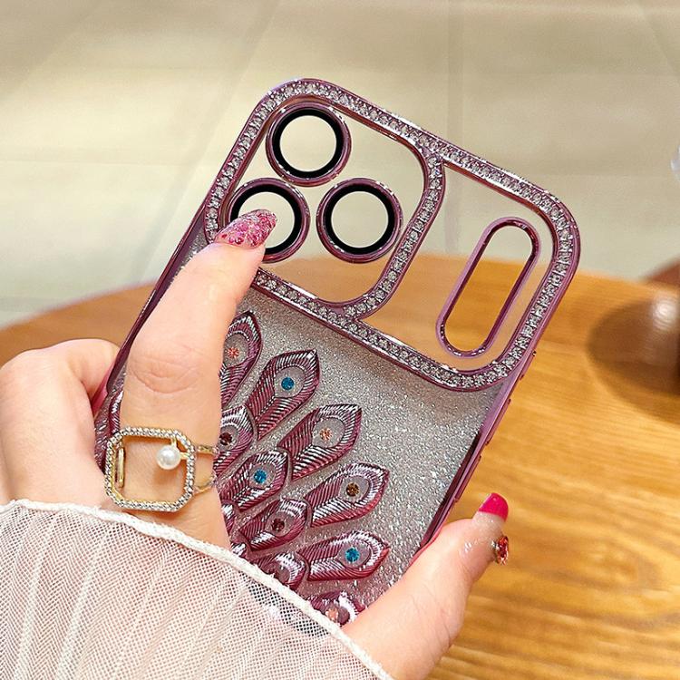 غطاء هاتف TPU مطلي بالكهرباء بنقش طاووس بارز ومرصع بأحجار الراين اللامعة مع فيلم عدسة، لهاتف iPhone 11