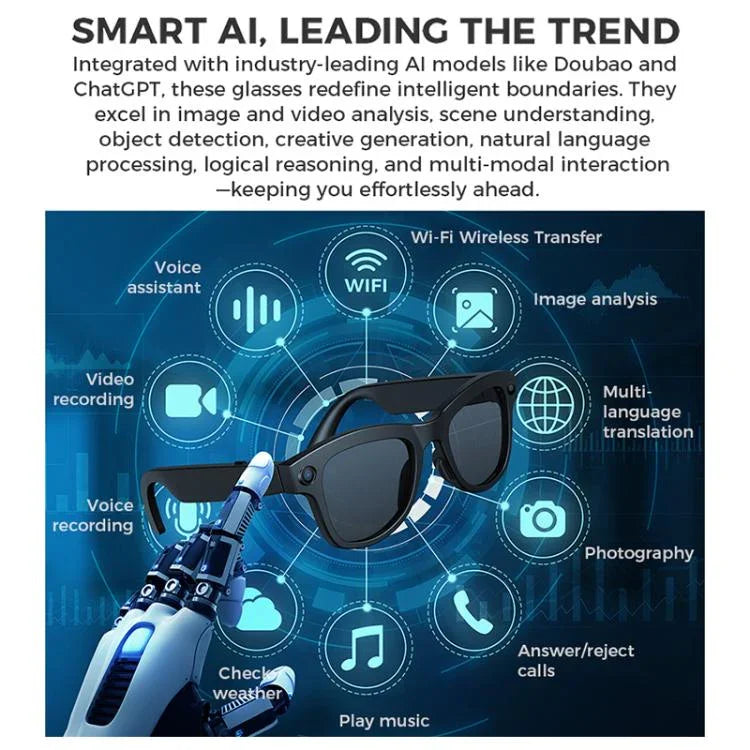 نظارات ذكية M01S بكاميرا AI بدقة 5 ميجابكسل تدعم المكالمات الصوتية، تسجيل الفيديو، ونقل الواي فاي