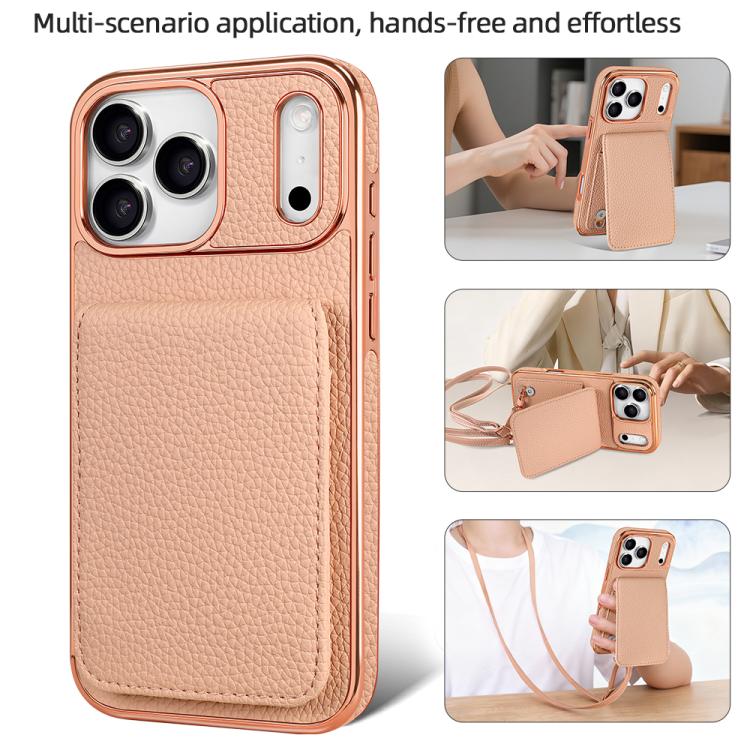 غطاء هاتف محفظة PU بنقشة الليتشي مع حبل من VIETAO، لهواتف iPhone 17 Pro Max، iPhone 17 Pro