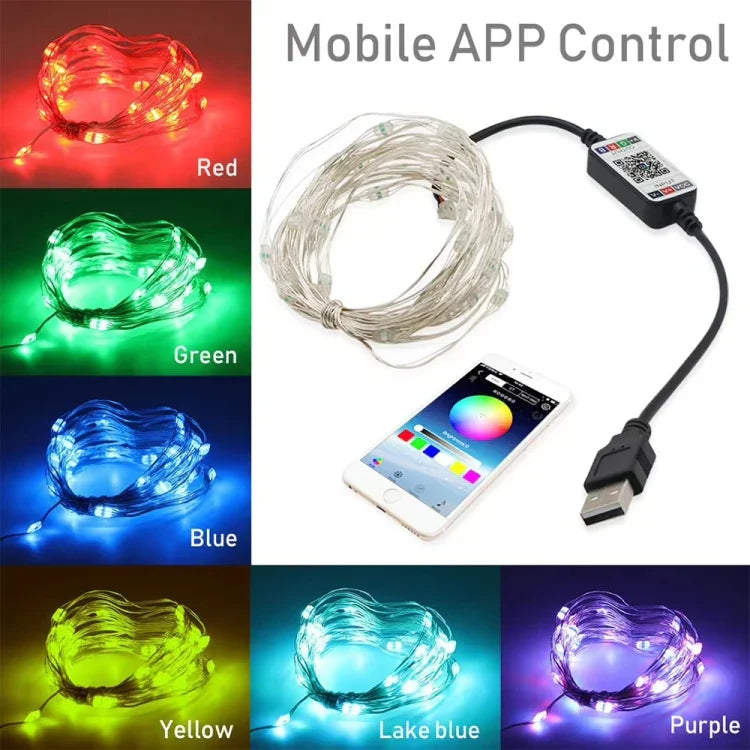 شريط إضاءة LED نحاسي USB RGB مع تحكم عبر تطبيق الهاتف الذكي بلوتوث، 2 متر 20 LED، 5 متر 50 LED، 10 متر 100 LED، 12 متر 120 LED، 15 متر 150 LED، 20 متر 200 LED
