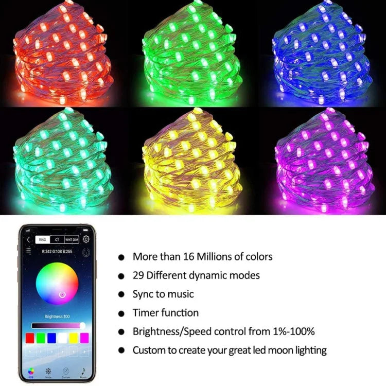 شريط إضاءة LED نحاسي USB RGB مع تحكم عبر تطبيق الهاتف الذكي بلوتوث، 2 متر 20 LED، 5 متر 50 LED، 10 متر 100 LED، 12 متر 120 LED، 15 متر 150 LED، 20 متر 200 LED