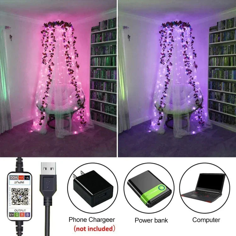 شريط إضاءة LED نحاسي USB RGB مع تحكم عبر تطبيق الهاتف الذكي بلوتوث، 2 متر 20 LED، 5 متر 50 LED، 10 متر 100 LED، 12 متر 120 LED، 15 متر 150 LED، 20 متر 200 LED
