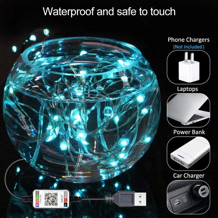 شريط إضاءة LED نحاسي USB RGB مع تحكم عبر تطبيق الهاتف الذكي بلوتوث، 2 متر 20 LED، 5 متر 50 LED، 10 متر 100 LED، 12 متر 120 LED، 15 متر 150 LED، 20 متر 200 LED