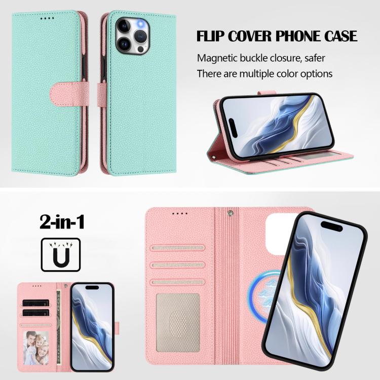 غطاء هاتف من الجلد النباتي المغناطيسي الجانبي القابل للفصل بنقشة ليتشي، لهواتف iPhone 13 Pro Max، iPhone 13 Pro، iPhone 13، iPhone 12 / 12 Pro، iPhone 12 Pro Max، iPhone 11 Pro Max، iPhone 11، iPhone 11 Pro