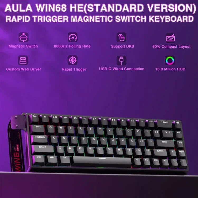 لوحة مفاتيح سلكية AULA WIN68HE النسخة القياسية بإضاءة RGB و68 مفتاح، WIN68HE محور مغناطيسي أسود رمادي خشبي