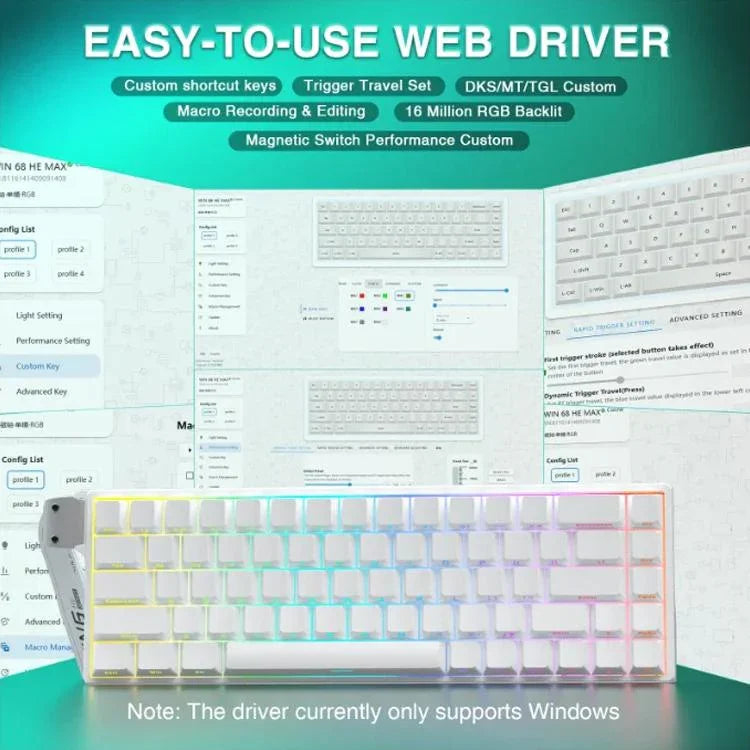 لوحة مفاتيح سلكية AULA WIN68HE النسخة القياسية بإضاءة RGB و68 مفتاح، WIN68HE محور مغناطيسي أبيض رمادي خشبي مطبوع جانبيًا