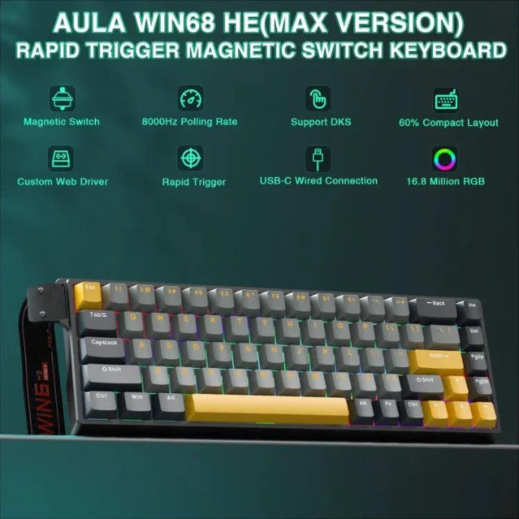 لوحة مفاتيح سلكية AULA WIN68HE النسخة القصوى بإضاءة RGB و68 مفتاح، WIN68HE محور مغناطيسي داكن + فاتح + أصفر وينغ تشون