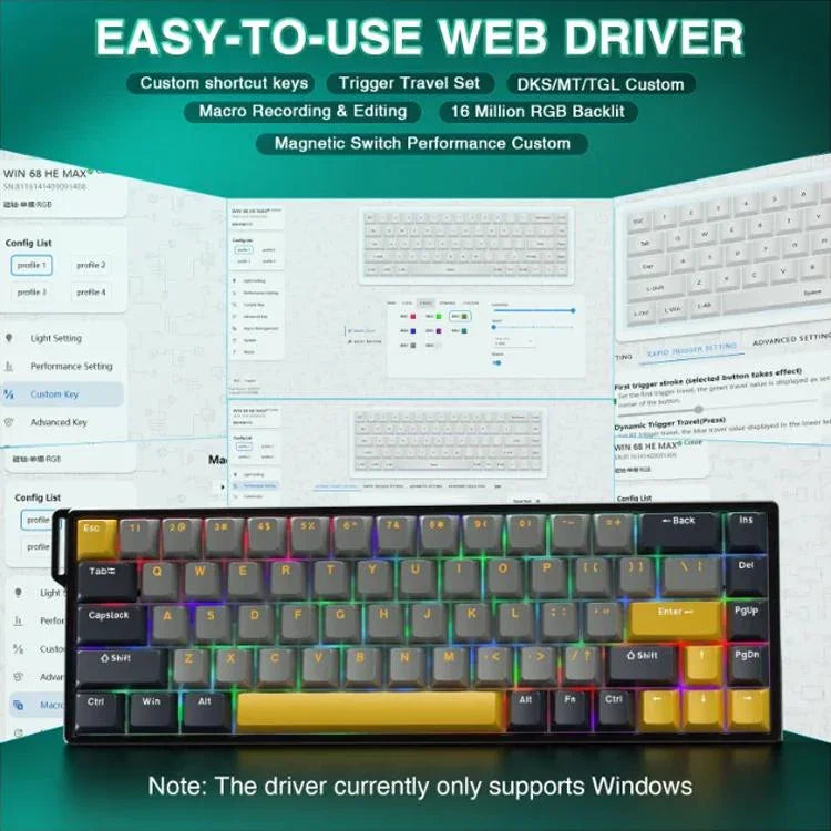 لوحة مفاتيح سلكية AULA WIN68HE النسخة القصوى بإضاءة RGB و68 مفتاح، WIN68HE محور مغناطيسي داكن + فاتح + أصفر وينغ تشون