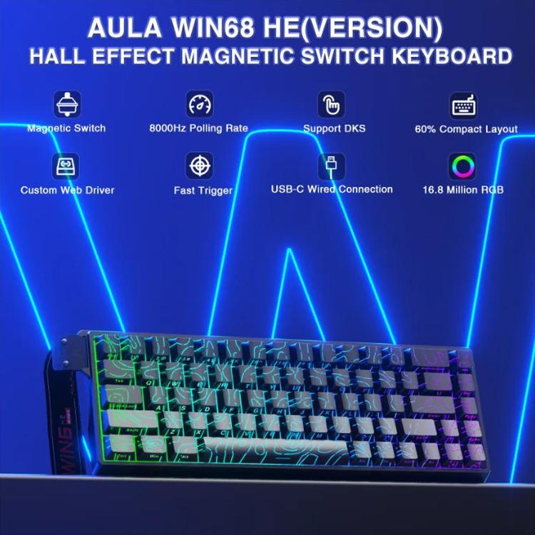 لوحة مفاتيح سلكية AULA WIN68HE النسخة القياسية بإضاءة RGB و68 مفتاح، WIN68HE محور مغناطيسي أسود بخطوط بارزة رمادي خشبي