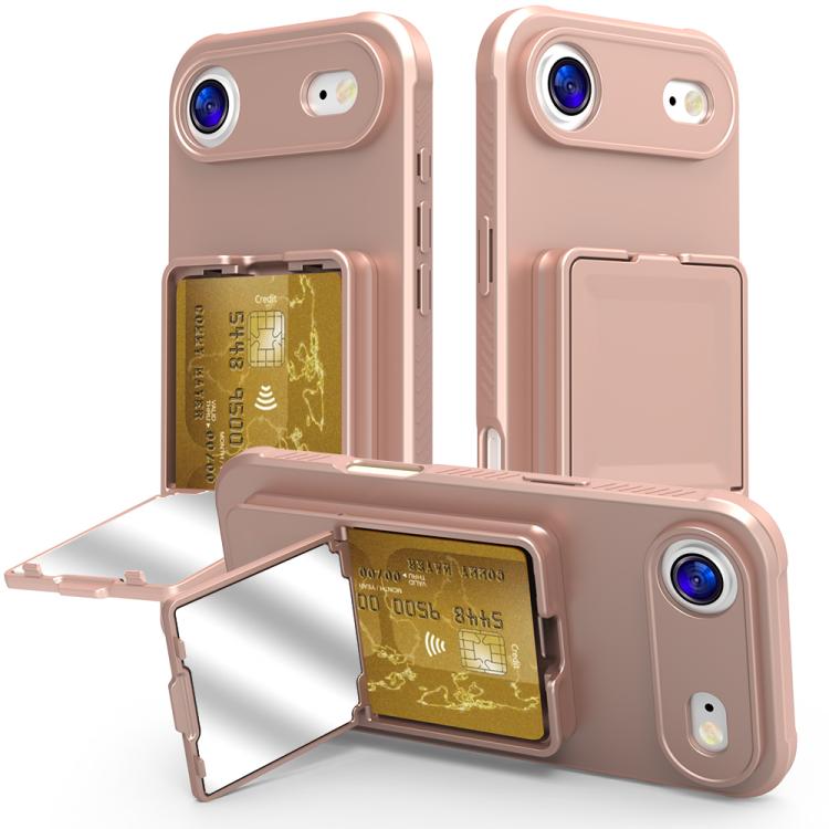 غطاء هاتف بحقيبة بطاقات مخفية مع مرآة من TPU ملمس الجلد مع حامل، لهواتف iPhone 17 Pro Max، iPhone 17 Pro، iPhone 17، iPhone Air