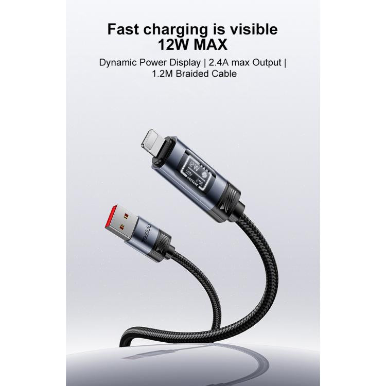 كابل شحن وبيانات Yesido CA138L USB إلى 8 دبابيس بقوة 12 واط و2.4 أمبير مع شاشة OLED، USB إلى 8 دبابيس