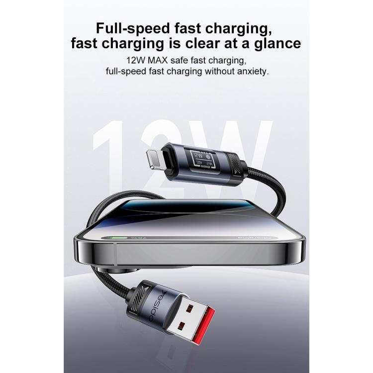 كابل شحن وبيانات Yesido CA138L USB إلى 8 دبابيس بقوة 12 واط و2.4 أمبير مع شاشة OLED، USB إلى 8 دبابيس