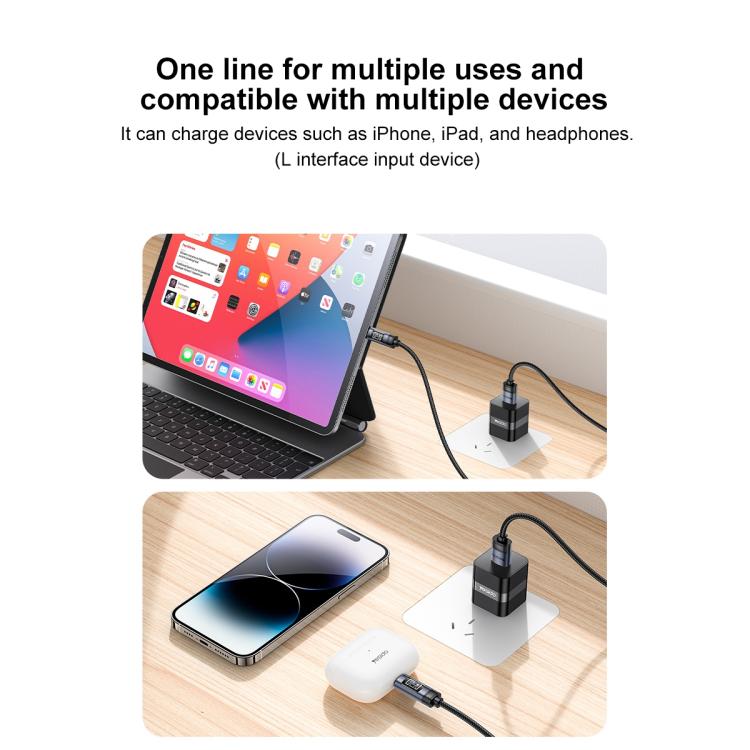 كابل شحن وبيانات Yesido CA138L USB إلى 8 دبابيس بقوة 12 واط و2.4 أمبير مع شاشة OLED، USB إلى 8 دبابيس