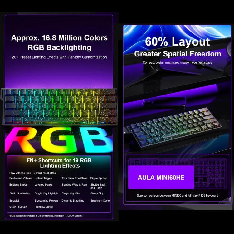لوحة مفاتيح ميكانيكية ألعاب لاسلكية AULA MINI60 HE Pro بإضاءة RGB و61 مفتاح