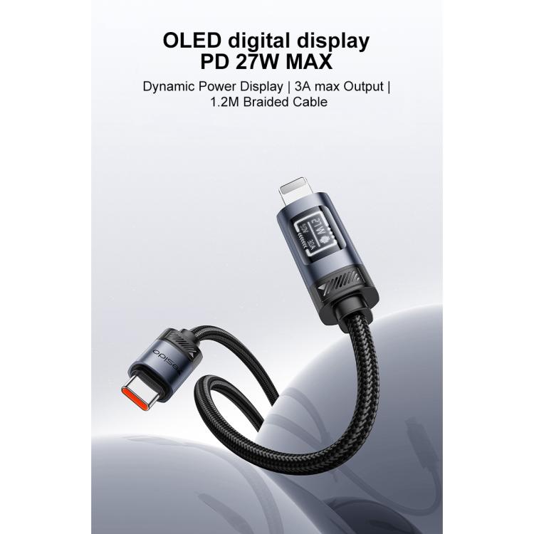 كابل شحن وبيانات Yesido CA201 27W من نوع Type-C إلى 8 دبابيس مع شاشة OLED، Type-C إلى 8 دبابيس