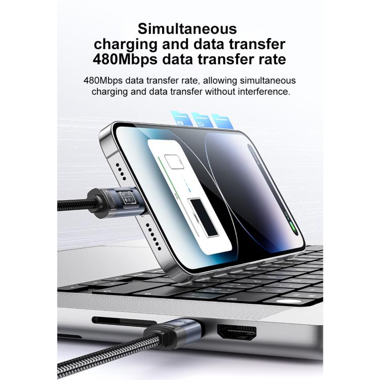كابل شحن وبيانات Yesido CA201 27W من نوع Type-C إلى 8 دبابيس مع شاشة OLED، Type-C إلى 8 دبابيس