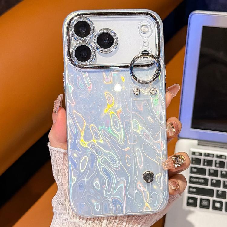 غطاء هاتف TPU مع حامل سوار بنقشة مجعدة مطلية مع فيلم عدسة، لهاتف iPhone 13