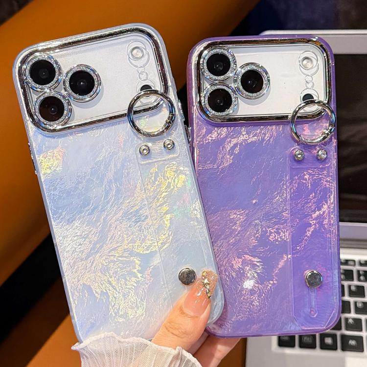 غطاء هاتف TPU مع حامل سوار بنقشة مجعدة مطلية مع فيلم عدسة، لهاتف iPhone 13