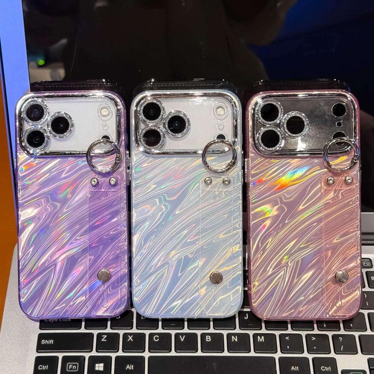 غطاء هاتف TPU مع حامل سوار بنقشة تموجات مطلية مع فيلم عدسة، لهاتف iPhone 13