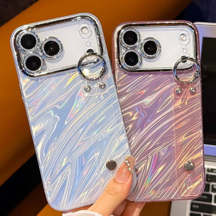 غطاء هاتف TPU مع حامل سوار بنقشة تموجات مطلية مع فيلم عدسة، لهاتف iPhone 13