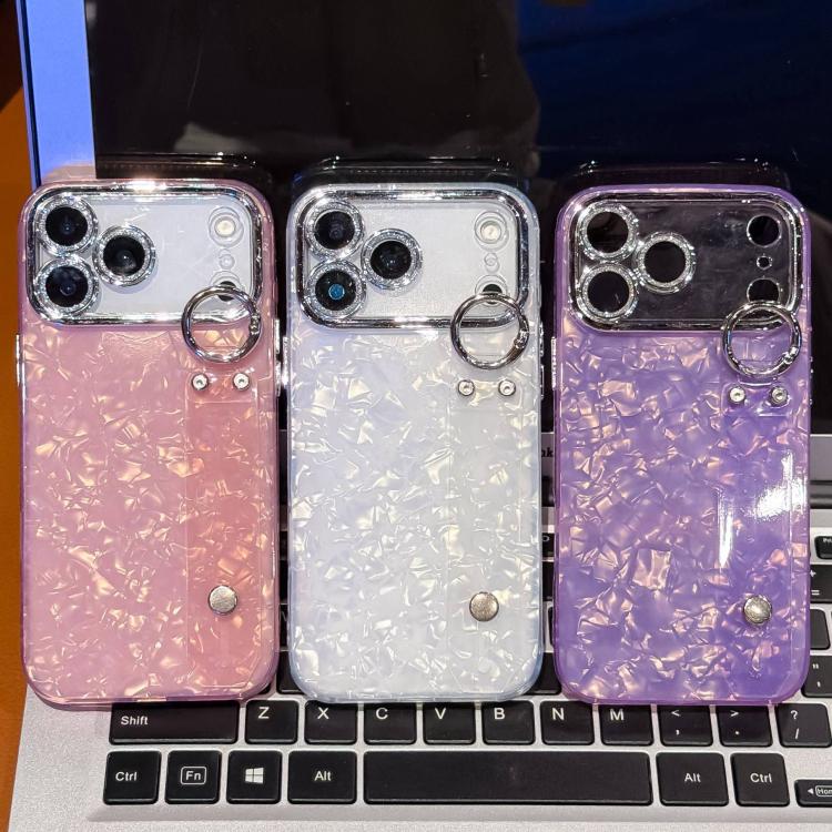 غطاء هاتف TPU مع حامل سوار بنقشة صدفة مطلية مع فيلم عدسة، لهاتف iPhone 13