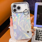 غطاء هاتف TPU مع حامل سوار بنقشة ريشة-غز مطلية مع فيلم عدسة، لهاتف iPhone 13