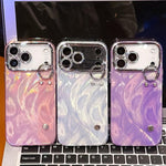 غطاء هاتف TPU مع حامل سوار بنقشة ريشة-غز مطلية مع فيلم عدسة، لهاتف iPhone 13