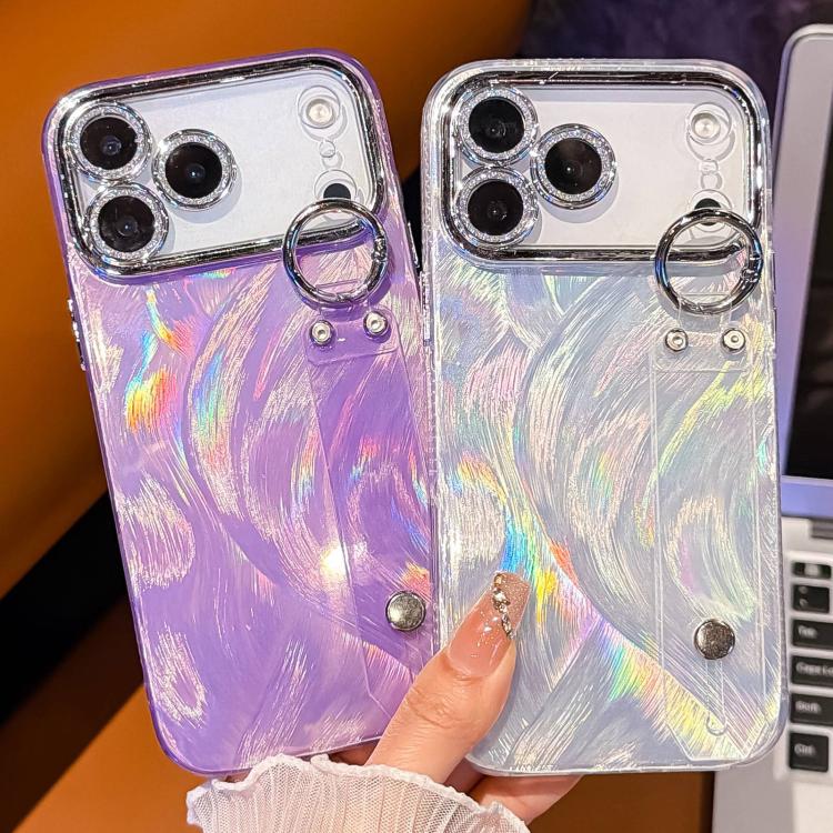 غطاء هاتف TPU مع حامل سوار بنقشة ريشة-غز مطلية مع فيلم عدسة، لهاتف iPhone 13