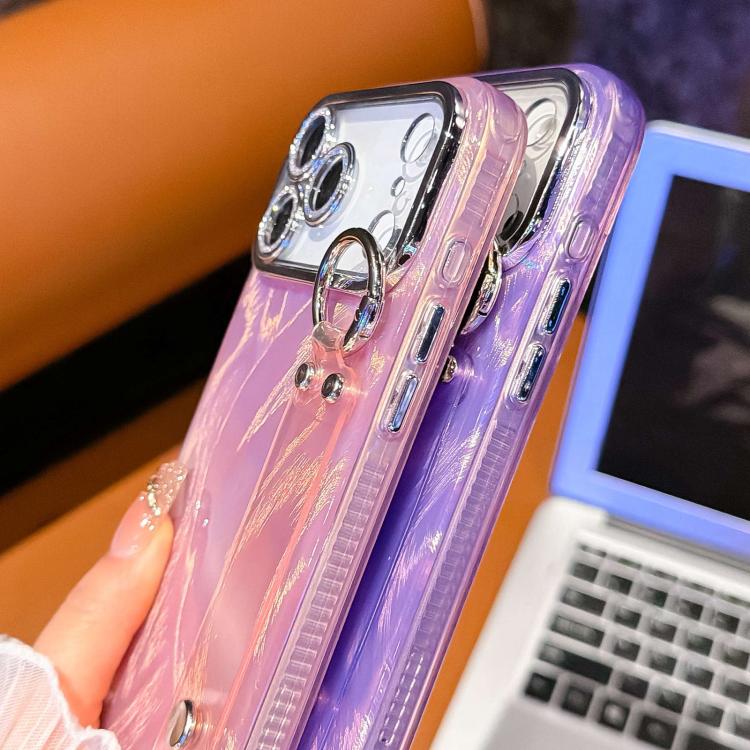 غطاء هاتف TPU مع حامل سوار بنقشة ريشة-غز مطلية مع فيلم عدسة، لهاتف iPhone 13