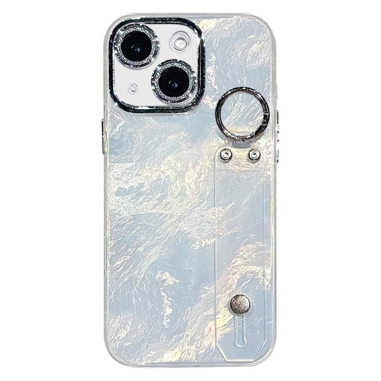 غطاء هاتف من TPU بنسيج معدني يشبه رقائق الطلاء مع حامل سوار وعدسة فيلم، لجهاز iPhone 13