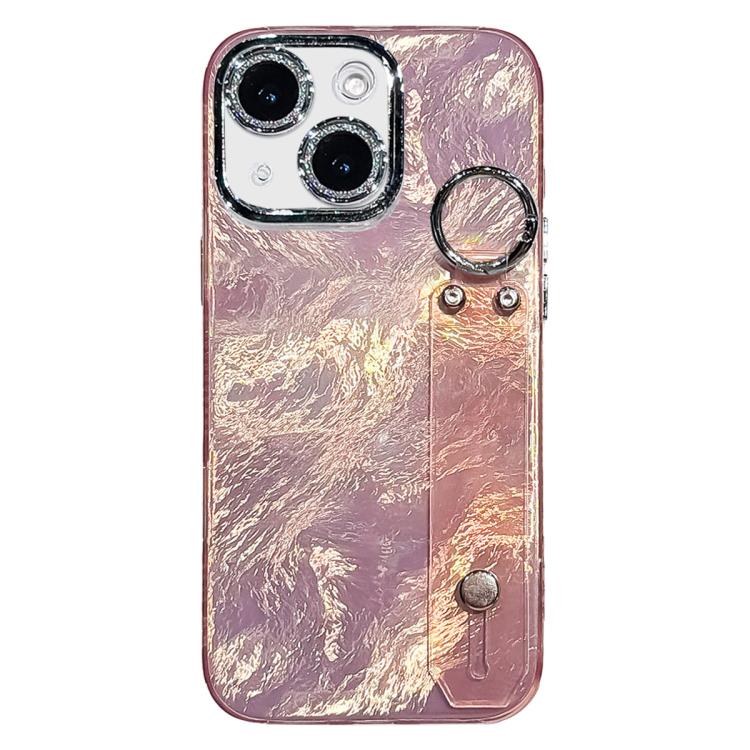 غطاء هاتف من TPU بنسيج معدني يشبه رقائق الطلاء مع حامل سوار وعدسة فيلم، لجهاز iPhone 13