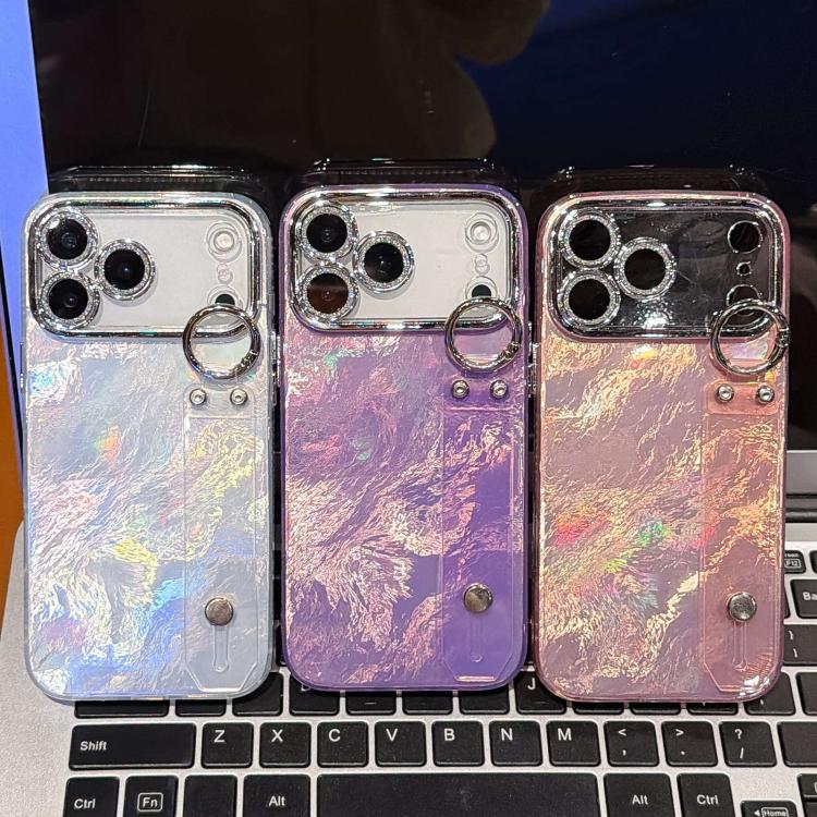 غطاء هاتف من TPU بنسيج معدني يشبه رقائق الطلاء مع حامل سوار وعدسة فيلم، لجهاز iPhone 13