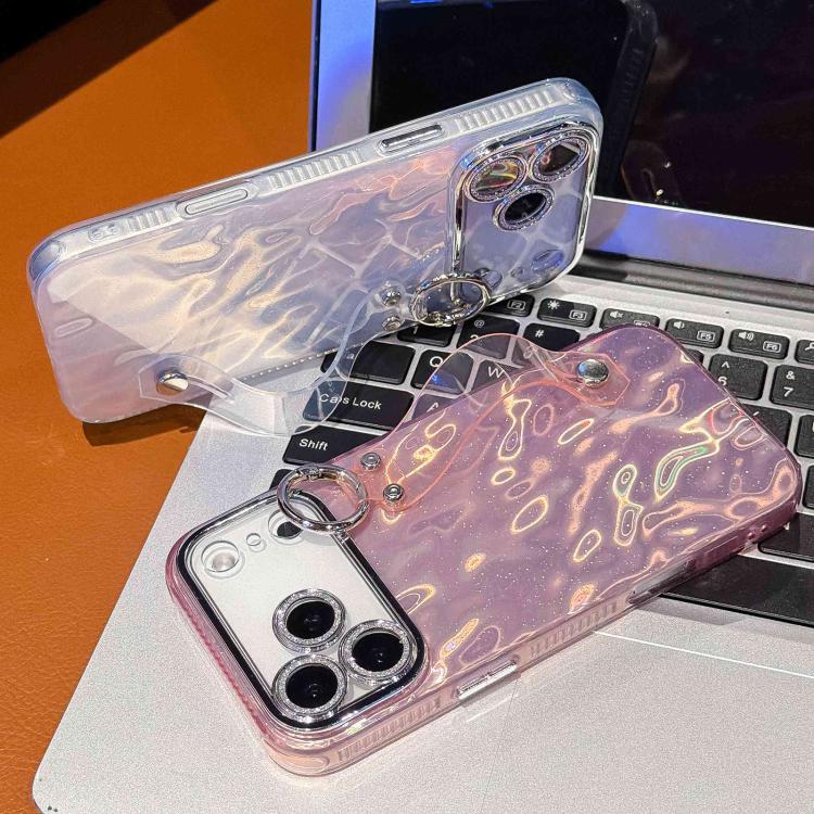 غطاء هاتف من TPU بنسيج معدني يشبه رقائق الطلاء مع حامل سوار وعدسة فيلم، لجهاز iPhone 13