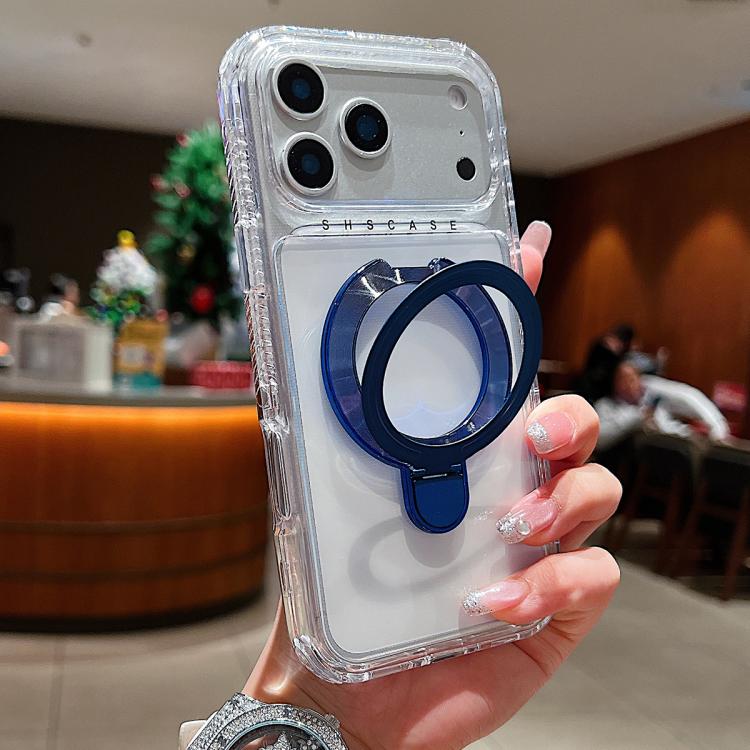 غطاء هاتف مغناطيسي شفاف مع حامل معدني دوار، لهواتف iPhone 17 Pro Max، iPhone 17 Pro