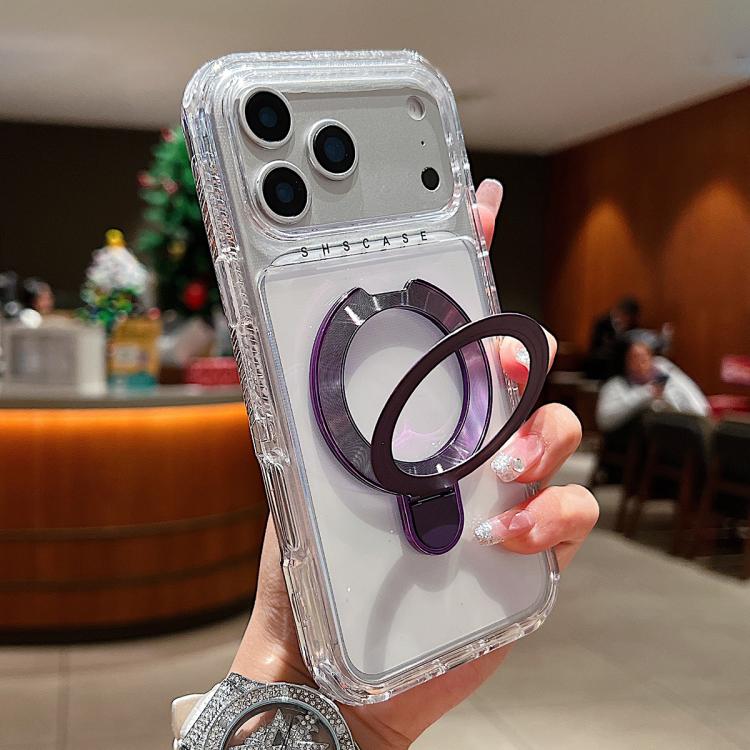 غطاء هاتف مغناطيسي شفاف مع حامل معدني دوار، لهواتف iPhone 17 Pro Max، iPhone 17 Pro