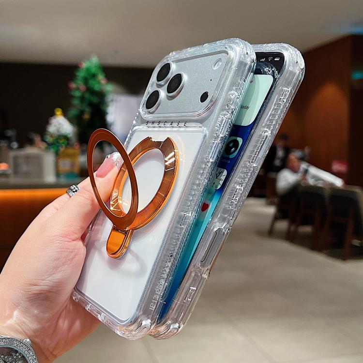 غطاء هاتف مغناطيسي شفاف مع حامل معدني دوار، لهواتف iPhone 17 Pro Max، iPhone 17 Pro