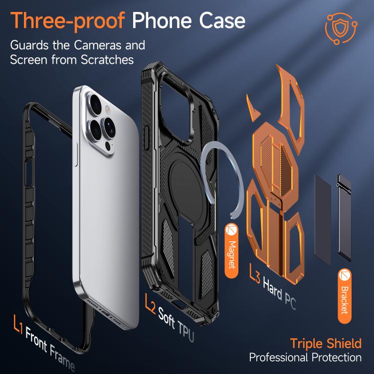 حافظة هاتف مغناطيسية مقاومة للصدمات مع حامل معدني مخفي، لهواتف iPhone 15 Pro Max، iPhone 15 Pro، iPhone 15 Plus / 14 Plus، iPhone 15، iPhone 14 / 13، iPhone 14 Pro، iPhone 14 Pro Max، iPhone 13 Pro Max