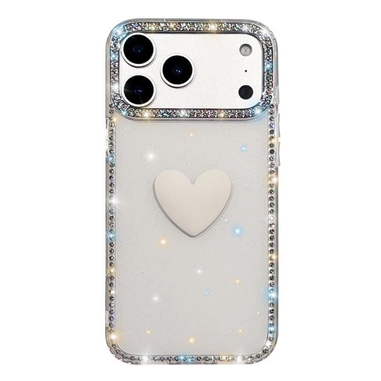 غطاء هاتف مزين بحجر الراين اللامع مزدوج الوجهين مع تصميم قلب حب IMD، لهواتف iPhone 17e / 16e، iPhone 17 Pro Max، iPhone 17 Pro، iPhone 17، iPhone Air