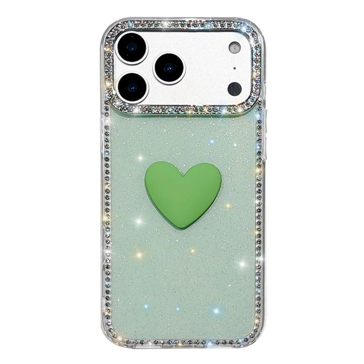 غطاء هاتف مزين بحجر الراين اللامع مزدوج الوجهين مع تصميم قلب حب IMD، لهواتف iPhone 17e / 16e، iPhone 17 Pro Max، iPhone 17 Pro، iPhone 17، iPhone Air