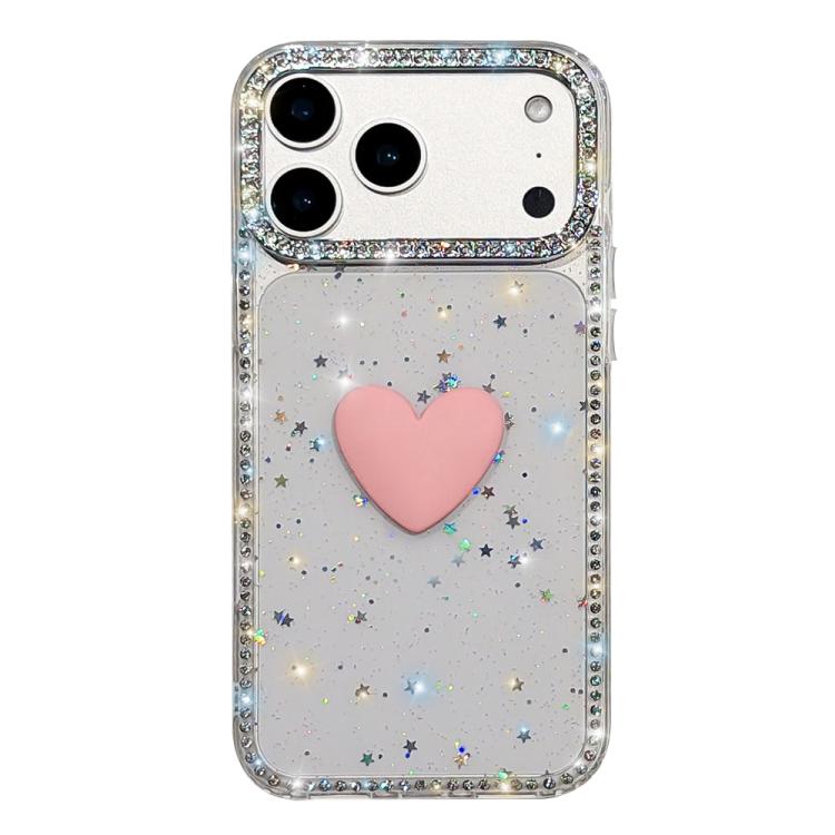 غطاء هاتف مزين بحجر الراين اللامع مزدوج الوجهين مع تصميم قلب حب IMD، لهواتف iPhone 17e / 16e، iPhone 17 Pro Max، iPhone 17 Pro، iPhone 17، iPhone Air