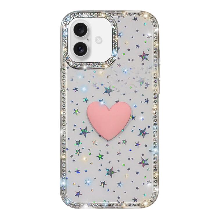 غطاء هاتف مزين بحجر الراين اللامع مزدوج الوجهين مع تصميم قلب حب IMD، لهواتف iPhone 17e / 16e، iPhone 17 Pro Max، iPhone 17 Pro، iPhone 17، iPhone Air