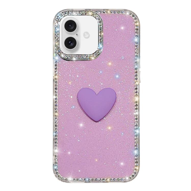 غطاء هاتف مزين بحجر الراين اللامع مزدوج الوجهين مع تصميم قلب حب IMD، لهواتف iPhone 17e / 16e، iPhone 17 Pro Max، iPhone 17 Pro، iPhone 17، iPhone Air