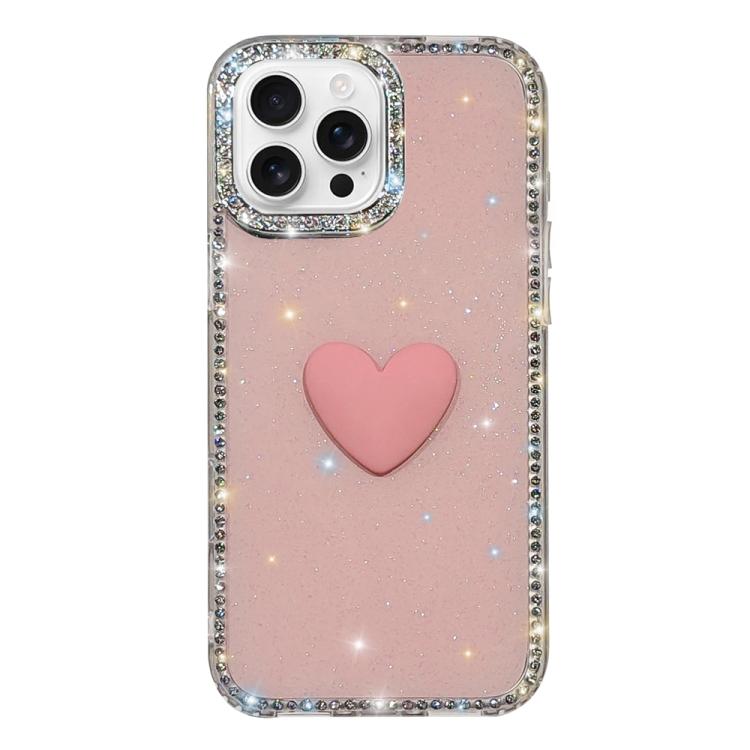 غطاء هاتف مزين بحجر الراين اللامع مزدوج الوجهين مع تصميم قلب حب IMD، لهواتف iPhone 16 Pro Max، iPhone 16 Pro، iPhone 16 Plus، iPhone 16، iPhone 15 Pro Max