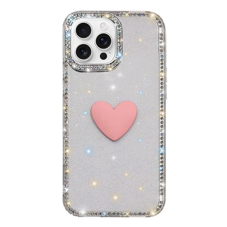 غطاء هاتف مزين بحجر الراين اللامع مزدوج الوجهين مع تصميم قلب حب IMD، لهواتف iPhone 16 Pro Max، iPhone 16 Pro، iPhone 16 Plus، iPhone 16، iPhone 15 Pro Max