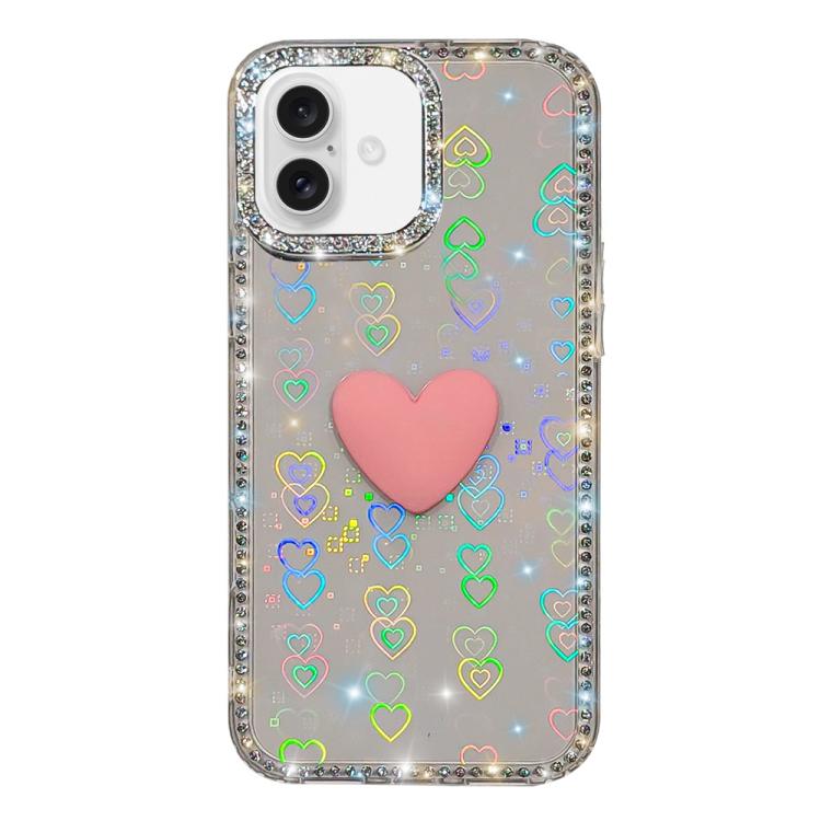 غطاء هاتف مزين بحجر الراين اللامع مزدوج الوجهين مع تصميم قلب حب IMD، لهواتف iPhone 16 Pro Max، iPhone 16 Pro، iPhone 16 Plus، iPhone 16، iPhone 15 Pro Max