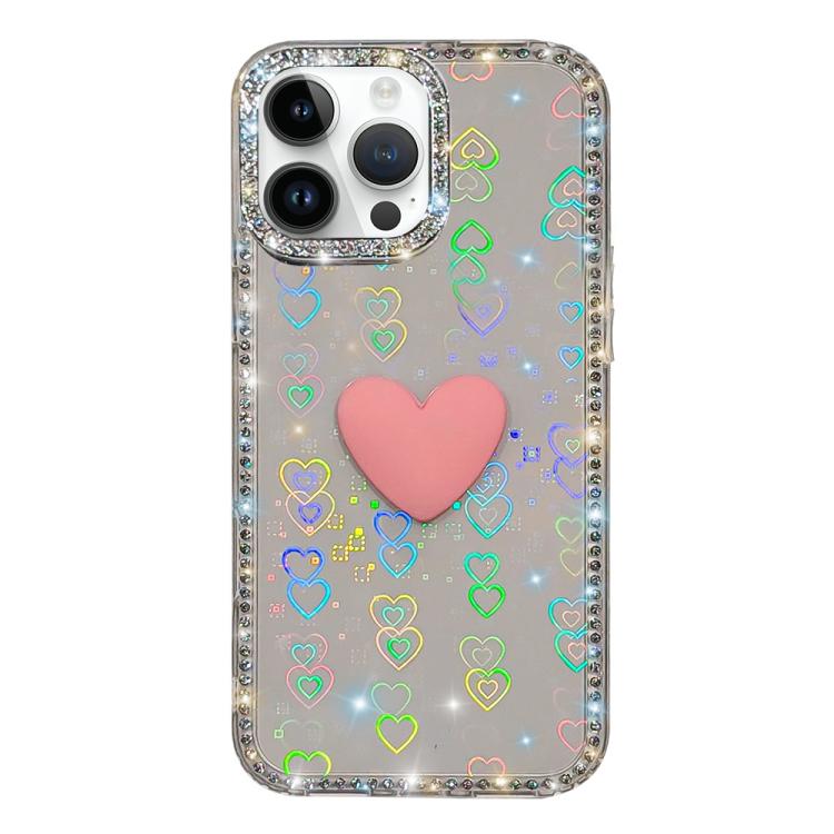 غطاء هاتف مزين بحجر الراين اللامع مزدوج الوجهين مع تصميم قلب حب IMD، لهواتف iPhone 16 Pro Max، iPhone 16 Pro، iPhone 16 Plus، iPhone 16، iPhone 15 Pro Max