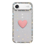 غطاء هاتف مزين بحجر الراين اللامع مزدوج الوجهين مع تصميم قلب حب IMD، لهواتف iPhone 17e / 16e، iPhone 17 Pro Max، iPhone 17 Pro، iPhone 17، iPhone Air