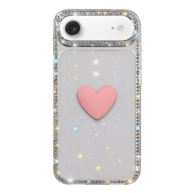 غطاء هاتف مزين بحجر الراين اللامع مزدوج الوجهين مع تصميم قلب حب IMD، لهواتف iPhone 17e / 16e، iPhone 17 Pro Max، iPhone 17 Pro، iPhone 17، iPhone Air