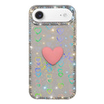 غطاء هاتف مزين بحجر الراين اللامع مزدوج الوجهين مع تصميم قلب حب IMD، لهواتف iPhone 17e / 16e، iPhone 17 Pro Max، iPhone 17 Pro، iPhone 17، iPhone Air